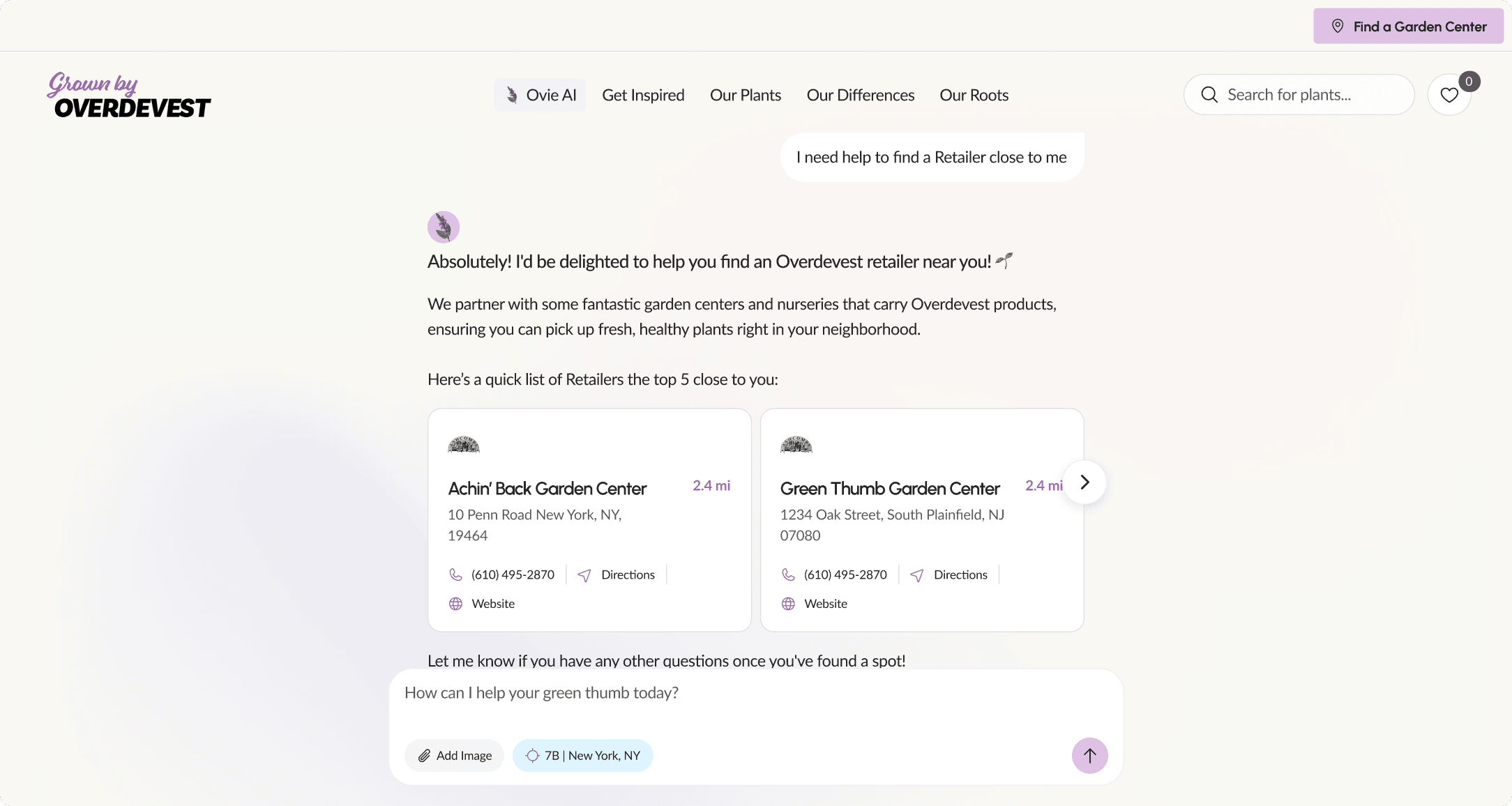 Ovie AI chat response helping a user find Overdevest retailers nearby, showing two local garden center results