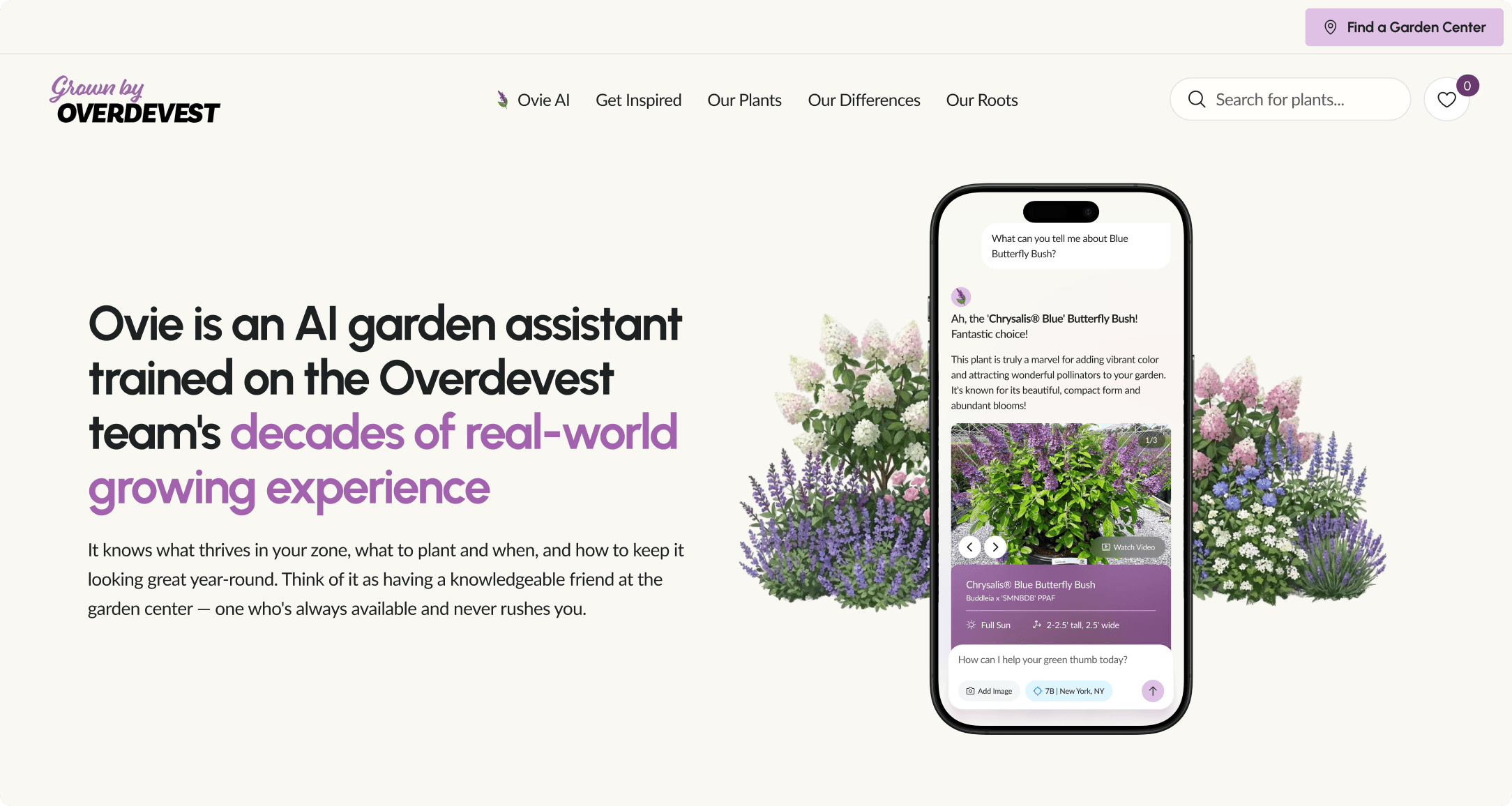 Overdevest feature introducing Ovie, an AI garden assistant trained on decades of nursery expertise, with a mobile app mockup