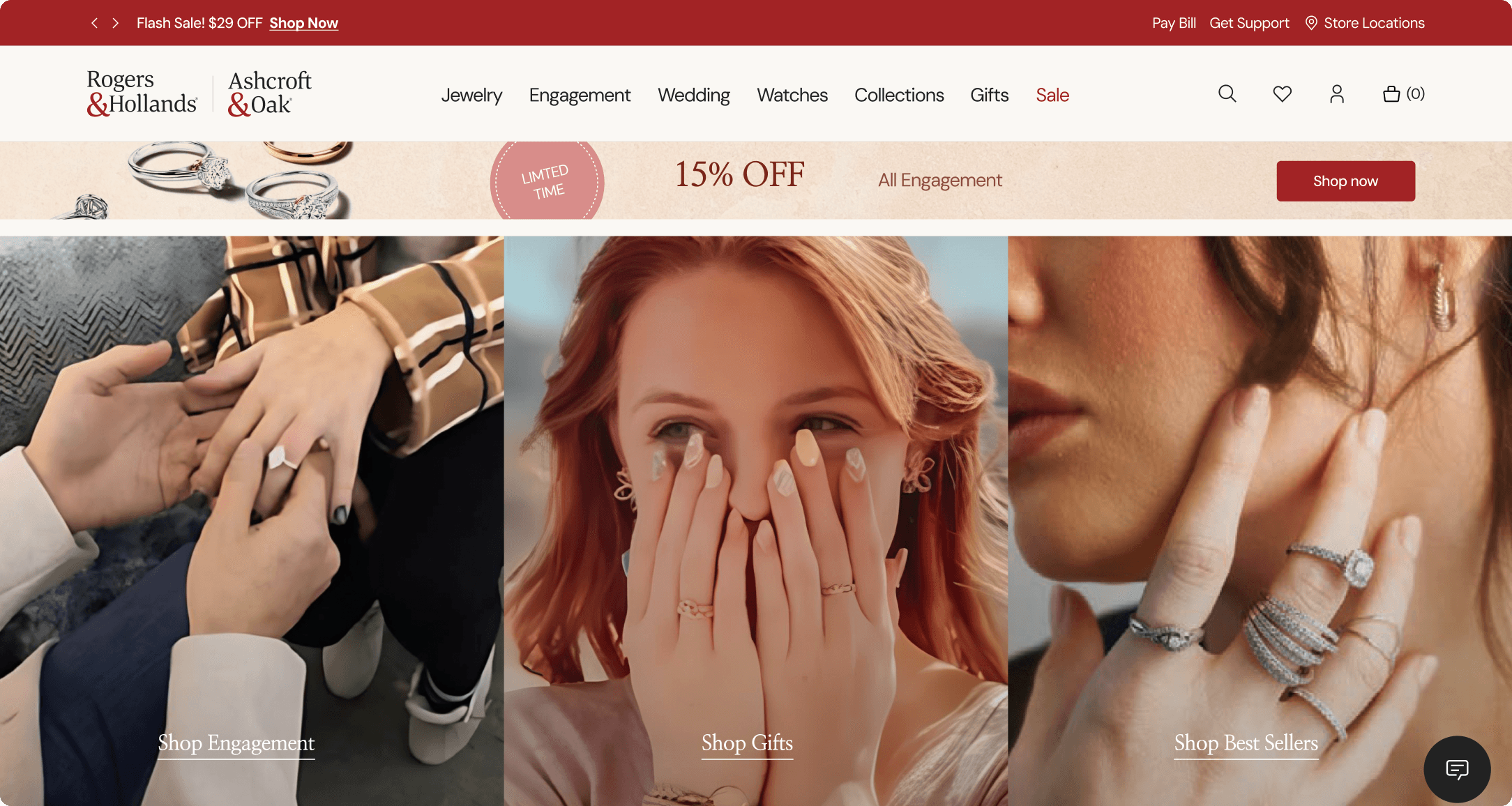 Rogers & Hollands homepage with engagement ring promo banner and lifestyle photography grid