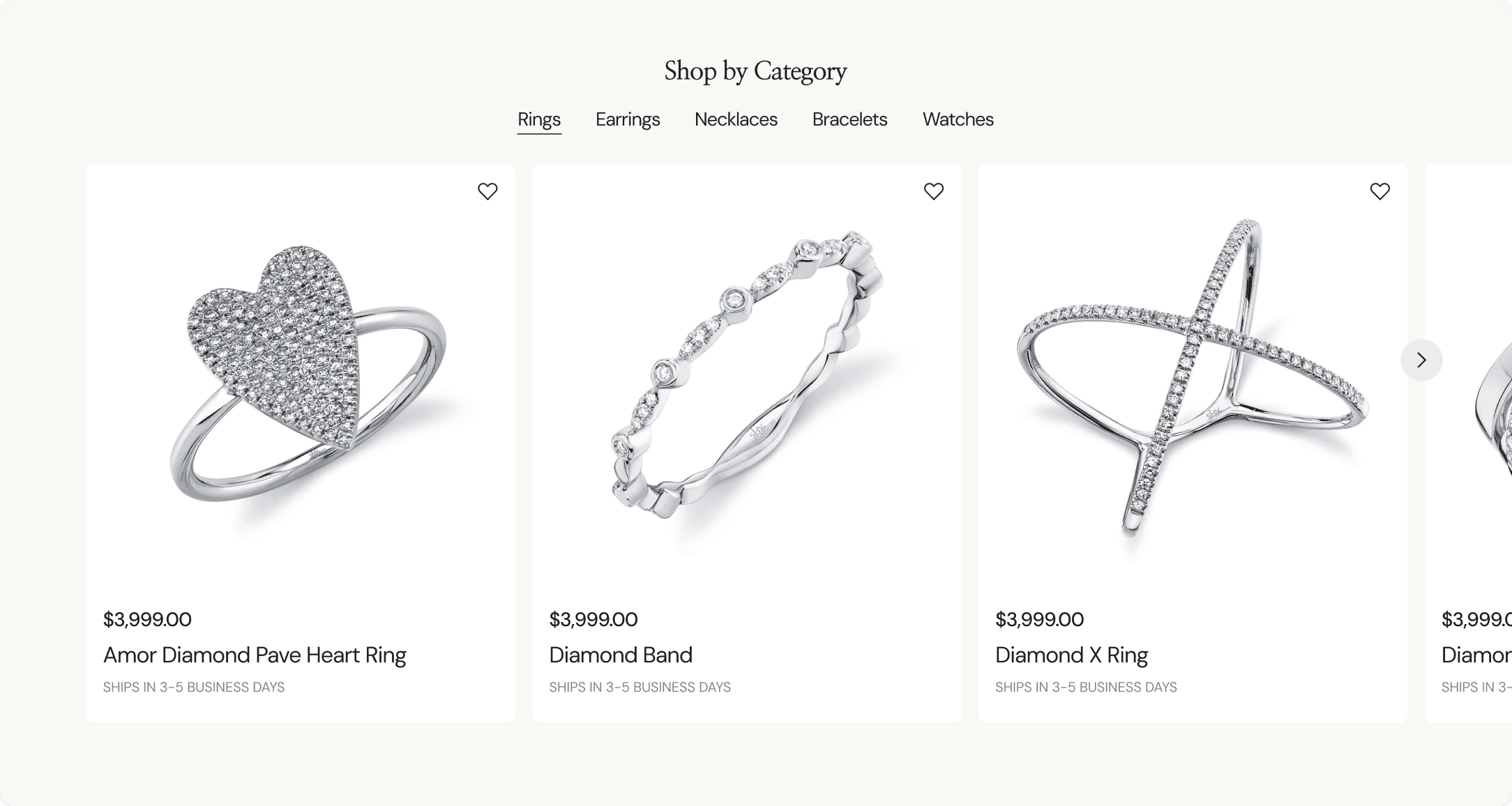 Shop by Category page showing Amor Diamond Pave Heart Ring, Diamond Band, and Diamond X Ring with prices