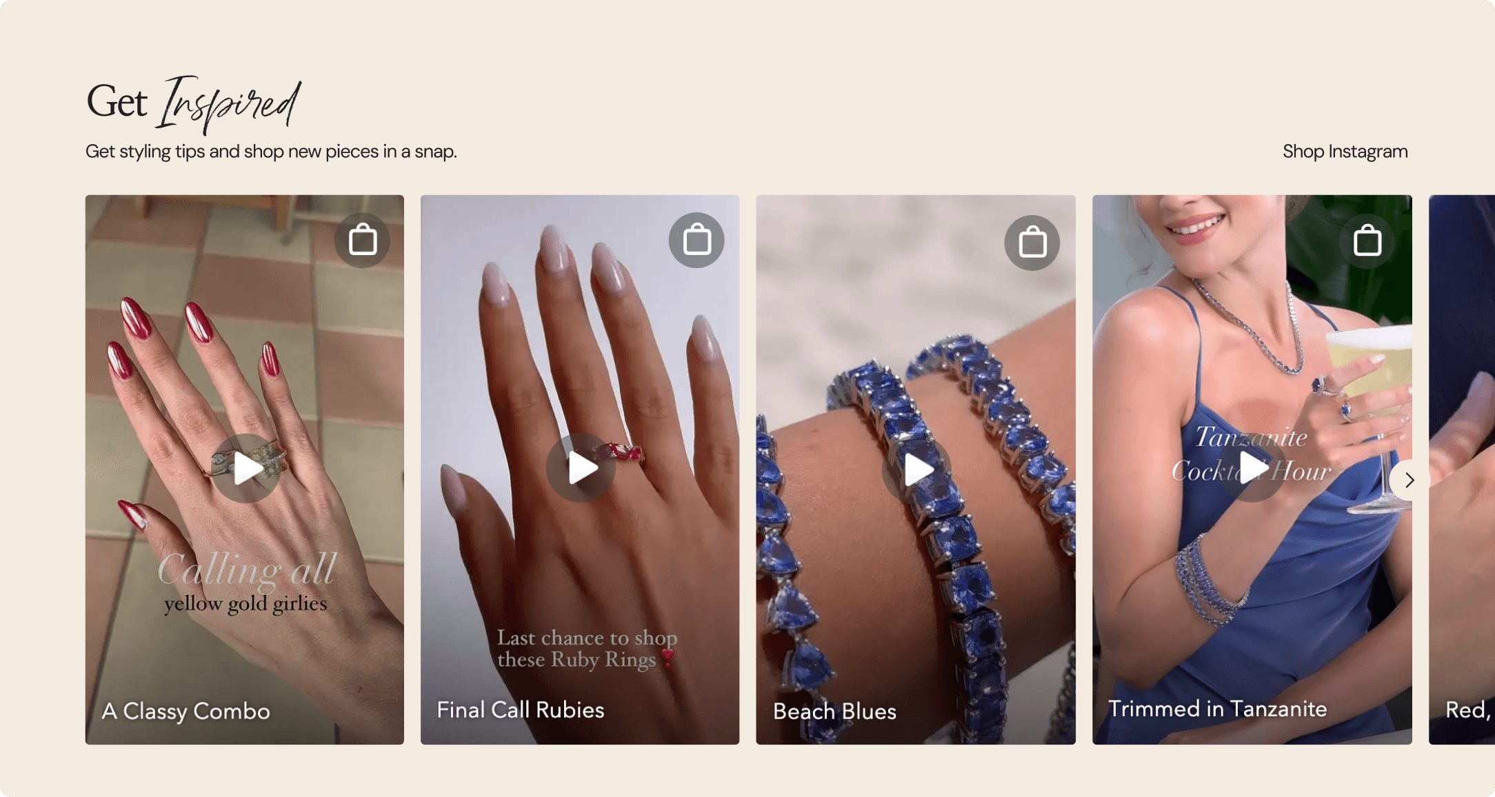 Get Inspired shoppable Instagram feed featuring ruby rings, tanzanite bracelets, and gold rings