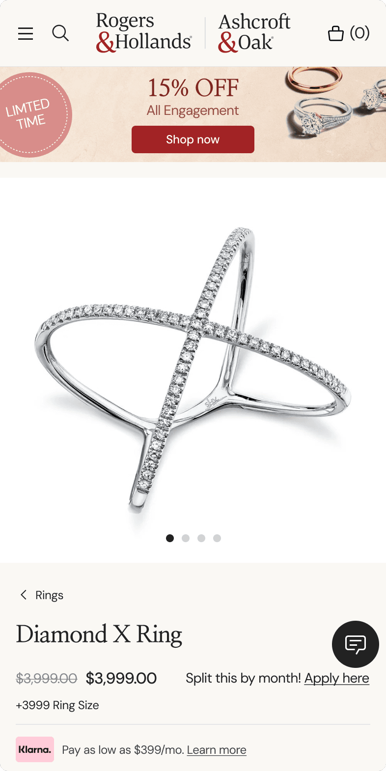 Rogers & Hollands mobile product page for the Diamond X Ring priced at $3,999
