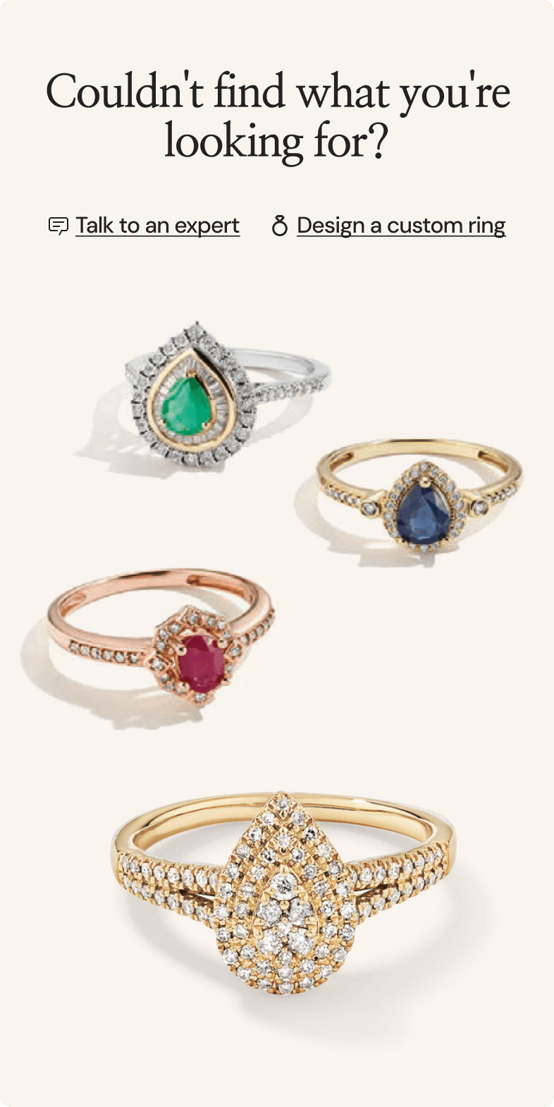 Mobile screen asking Couldn't find what you're looking for, showing gemstone rings in emerald, sapphire, ruby, and diamond
