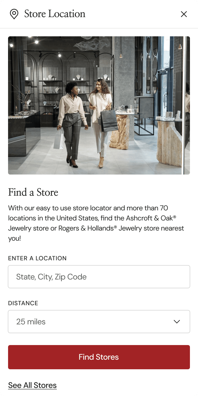 Find a Store mobile screen with two shoppers inside a Rogers & Hollands jewelry store and a location search form