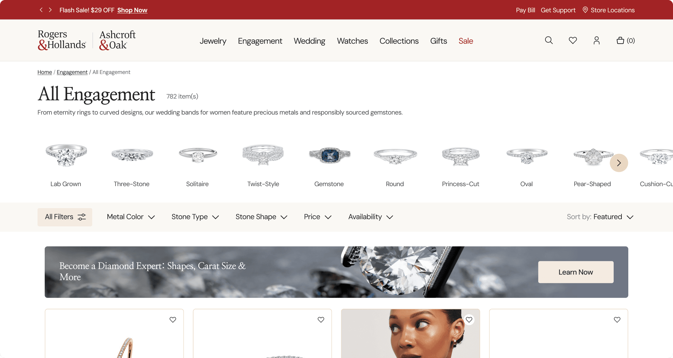 Rogers & Hollands All Engagement category page with ring style filters and a product grid