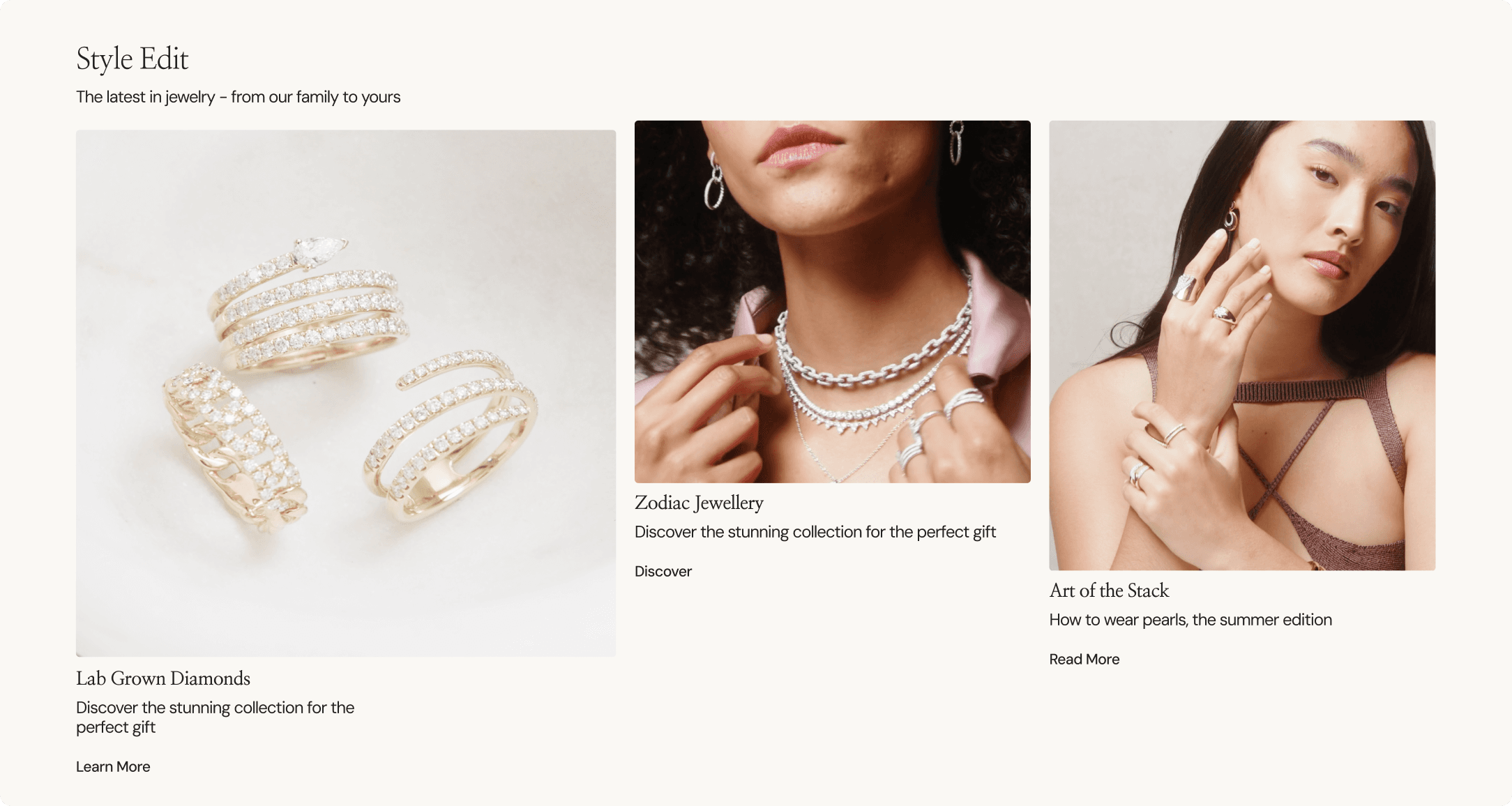 Style Edit editorial section featuring lab grown diamonds, zodiac jewelry, and stacked pearl ring looks