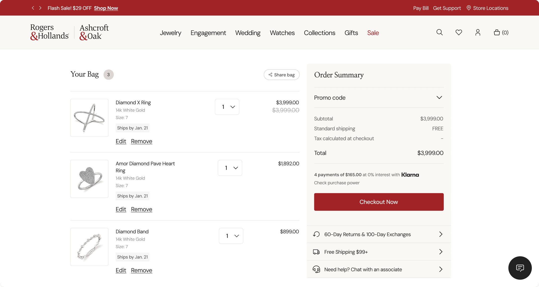 Rogers & Hollands shopping cart with Diamond X Ring, Amor Diamond Pave Heart Ring, and Diamond Band