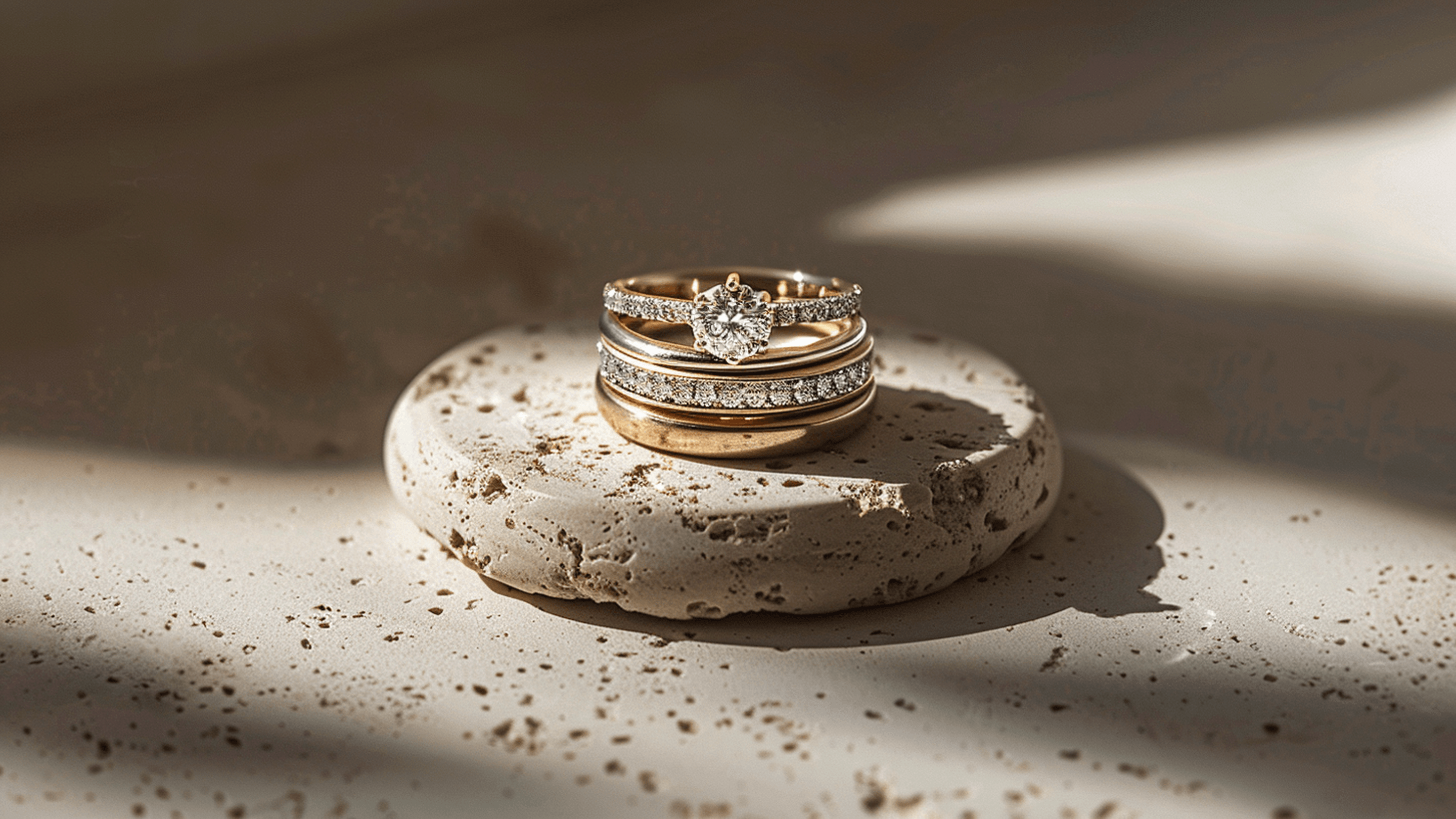 Stacked gold and diamond rings resting on a textured stone surface in warm natural light