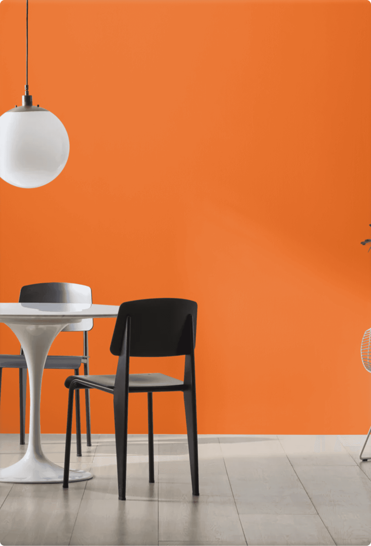 A dining room with a bold orange accent wall, white tulip table, and black chairs demonstrating a Samplize paint color in use
