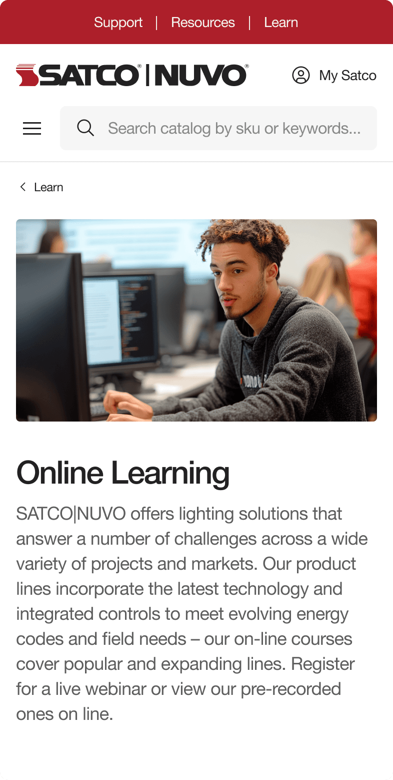 SATCO|NUVO mobile Online Learning page with a student at a computer and introductory text about lighting education resources