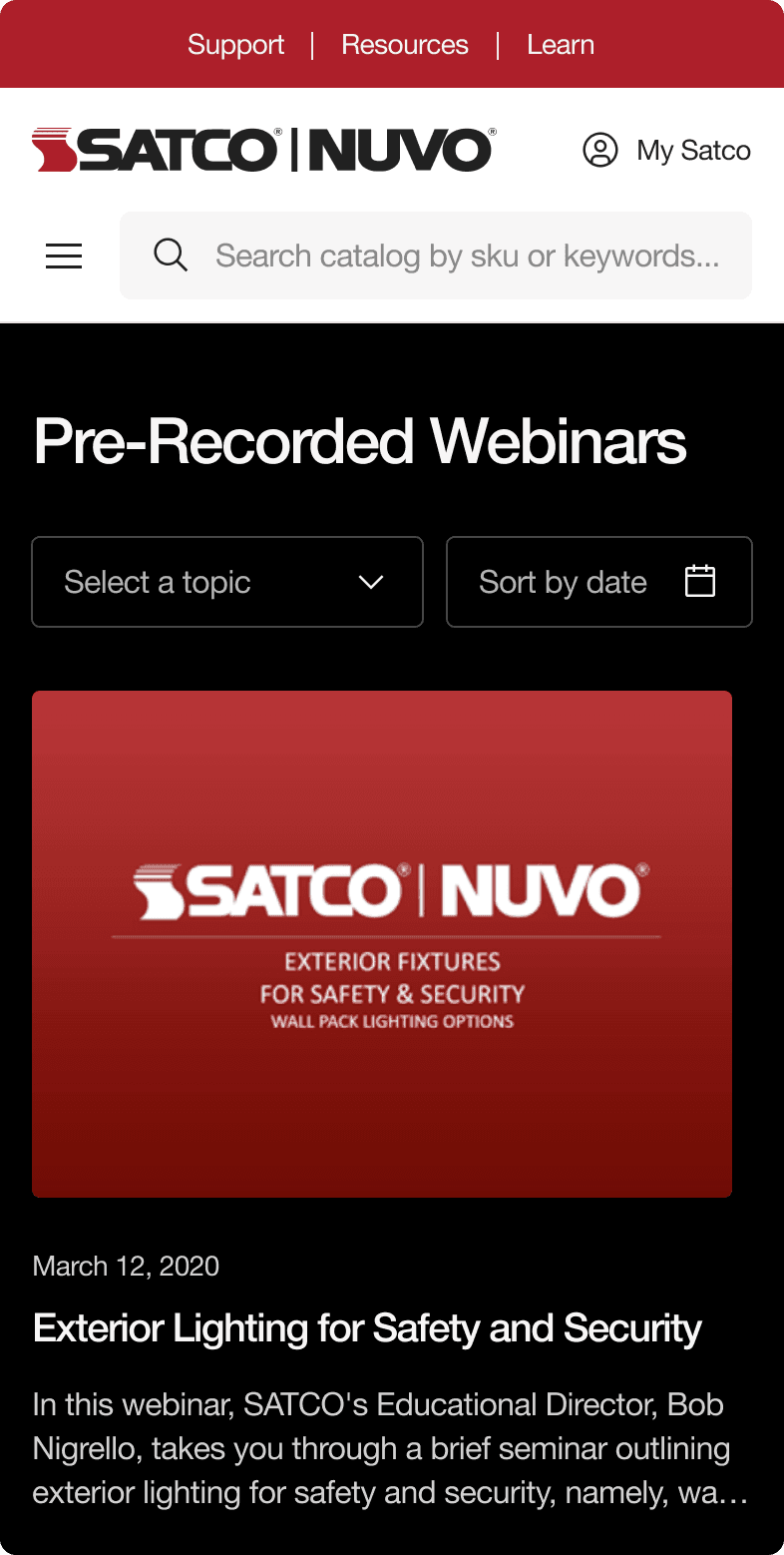 SATCO|NUVO mobile Pre-Recorded Webinars page showing an exterior fixtures safety and security webinar from March 2020