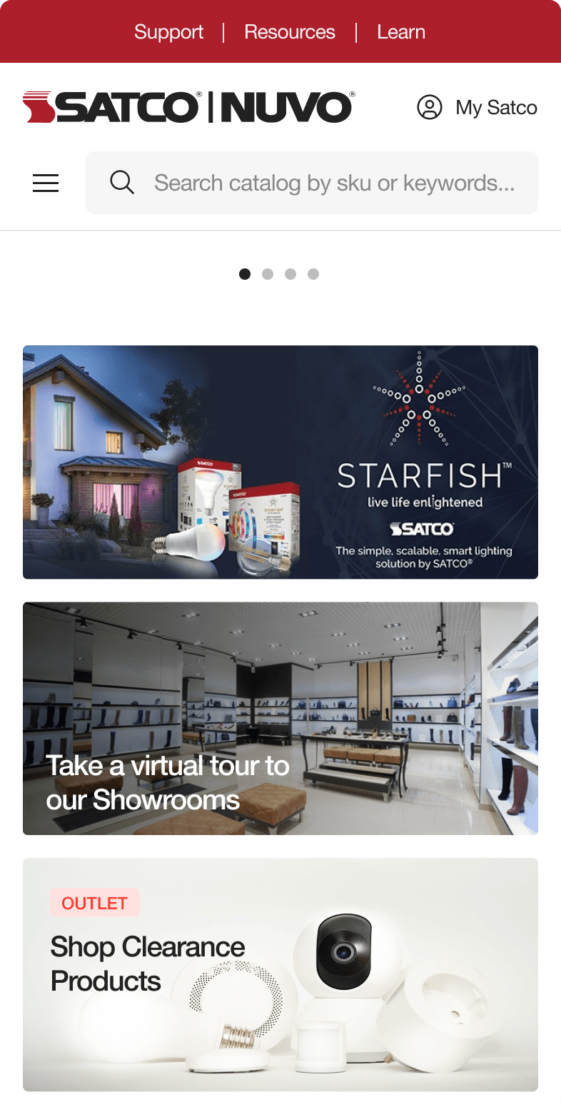 SATCO|NUVO mobile homepage with Starfish smart lighting banner, showroom virtual tour tile, and outlet clearance section