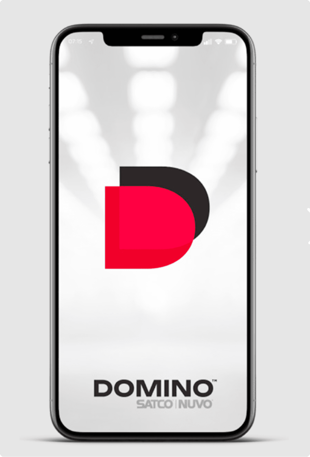 Smartphone displaying the Domino by SATCO|NUVO app launch screen with the bold red and black D logo