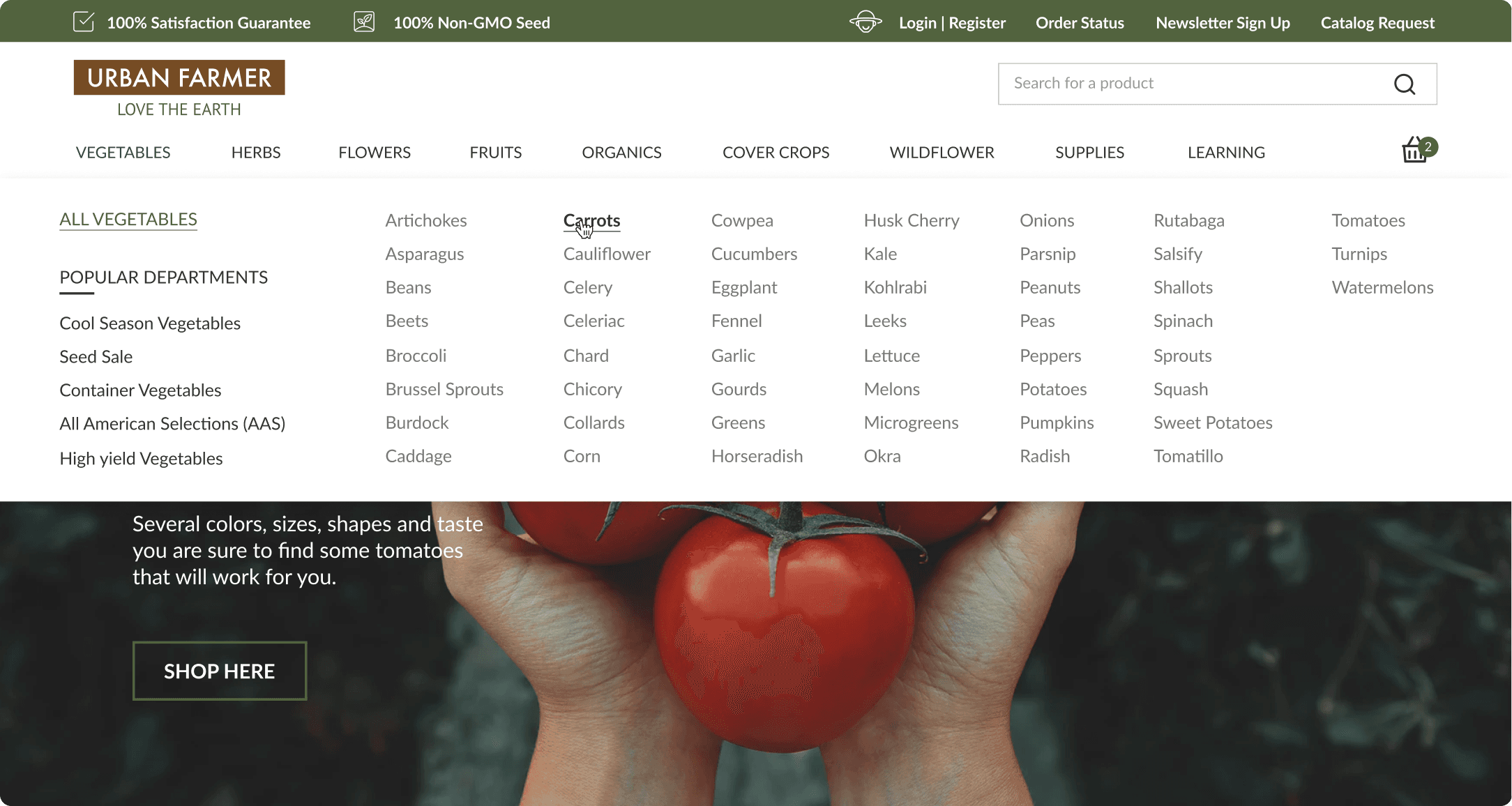 Urban Farmer desktop navigation open on Vegetables, showing filters and sub-categories from Artichokes to Watermelons