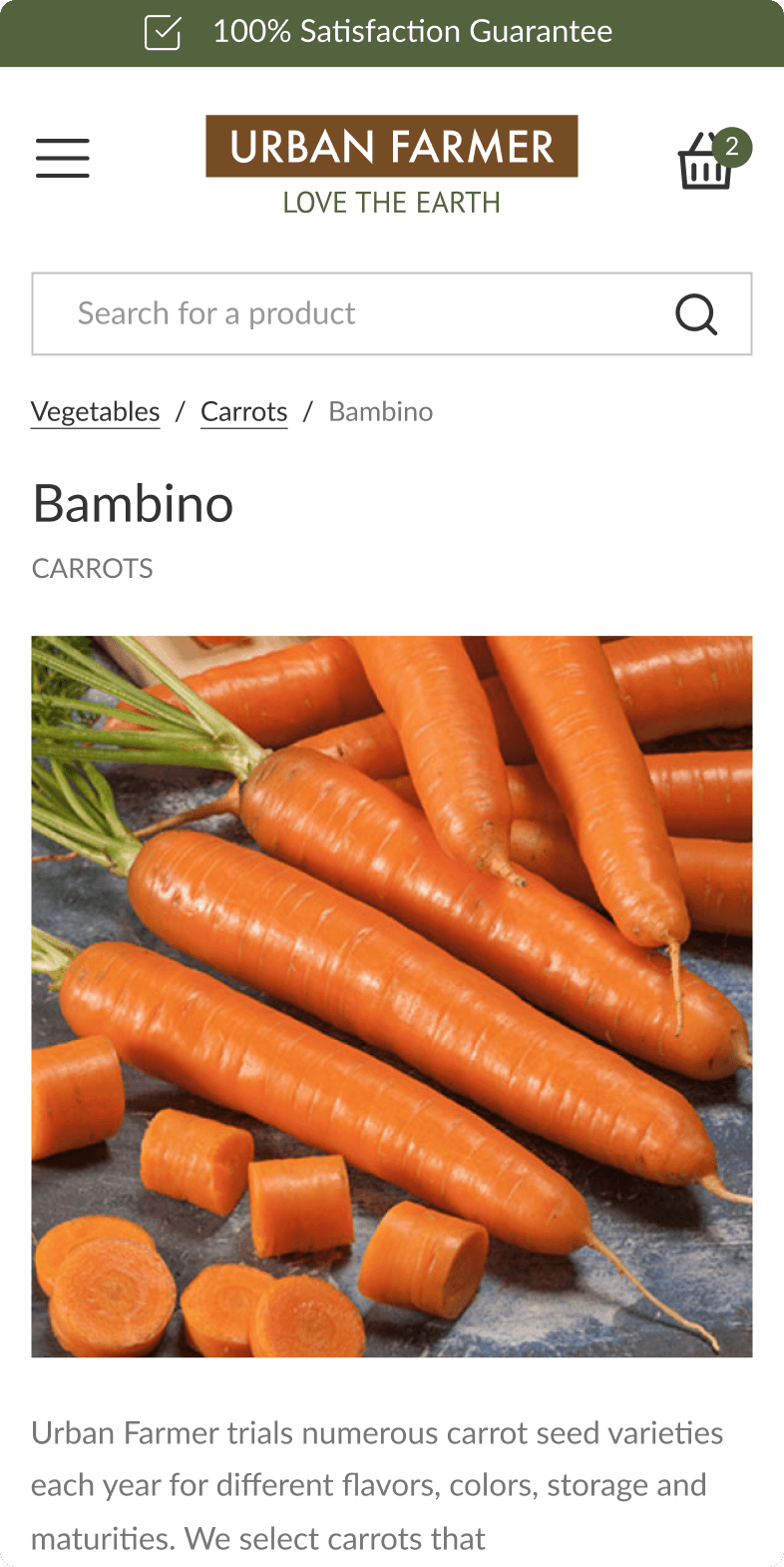 Urban Farmer mobile product page for Bambino Carrot Seed with fresh orange carrots and pricing of $22.00 per quarter pound