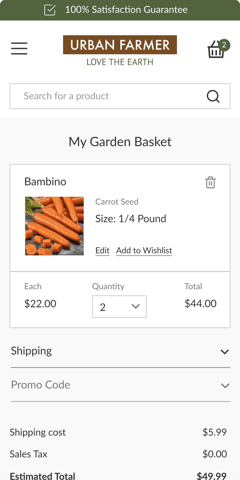 Urban Farmer mobile My Garden Basket checkout view showing Bambino Carrot Seed, quantity selector, and $49.99 estimated total