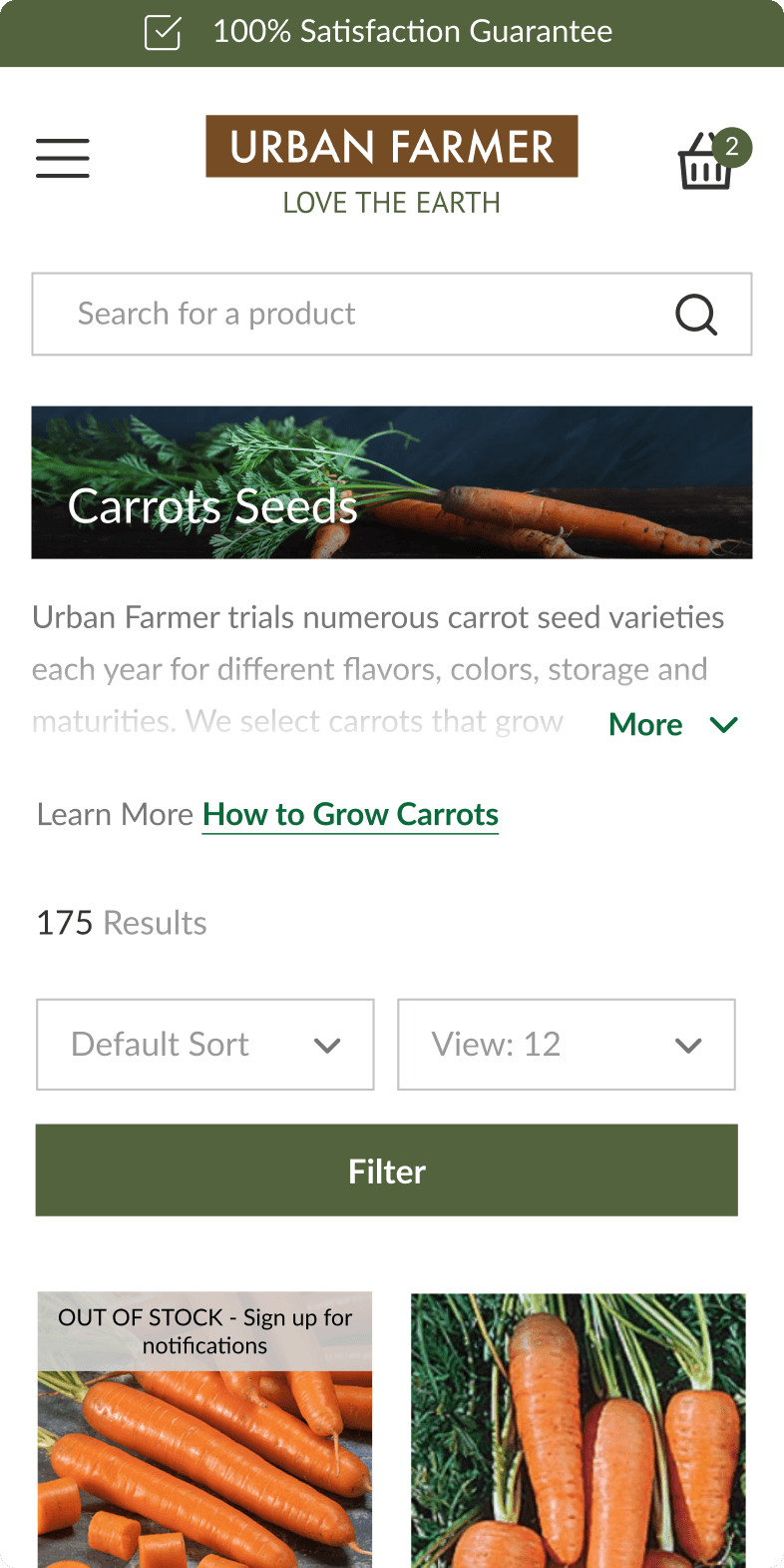 Urban Farmer mobile Carrot Seeds category page with 175 results and a How to Grow Carrots educational link