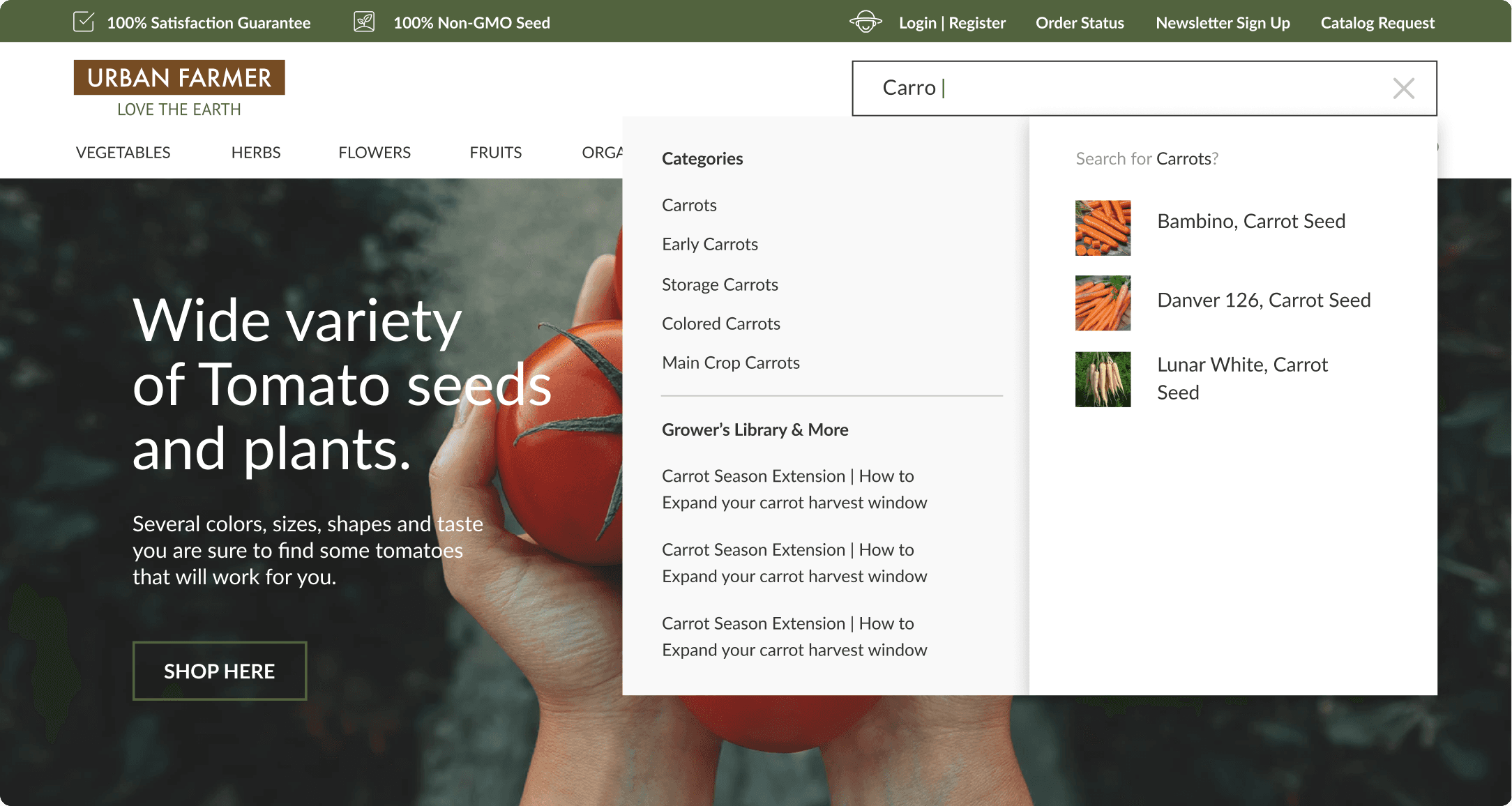 Urban Farmer homepage with predictive search open showing carrot variety categories and three seed product suggestions