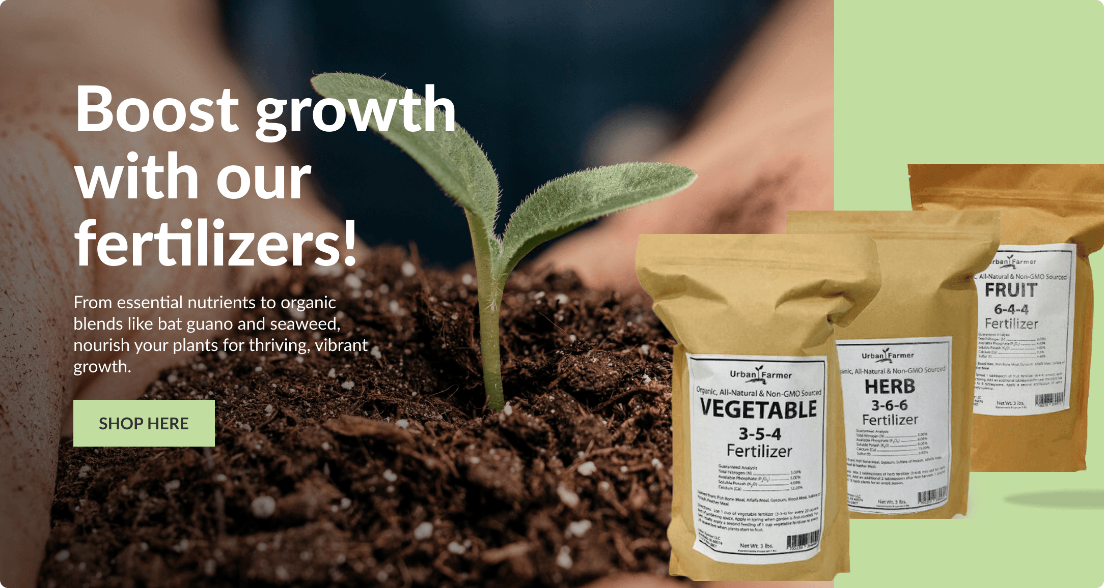 Urban Farmer fertilizer promotion with Vegetable 3-5-4, Herb 3-6-6, and Fruit 6-4-4 fertilizer bags alongside a seedling